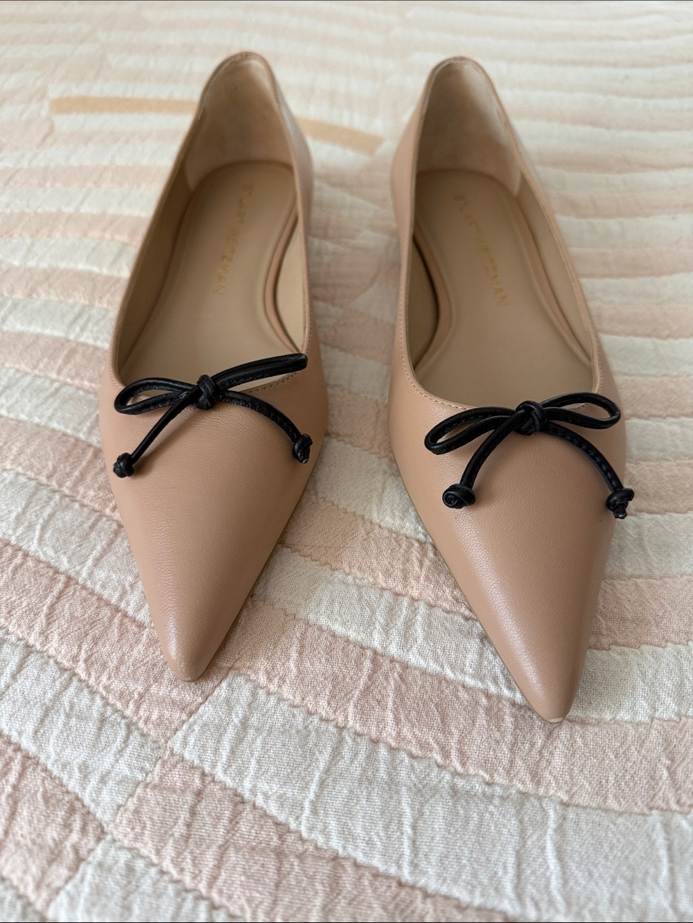 Stuart Weitzman Nude Tan Pointed Toe Ballet Flats with Black Bow